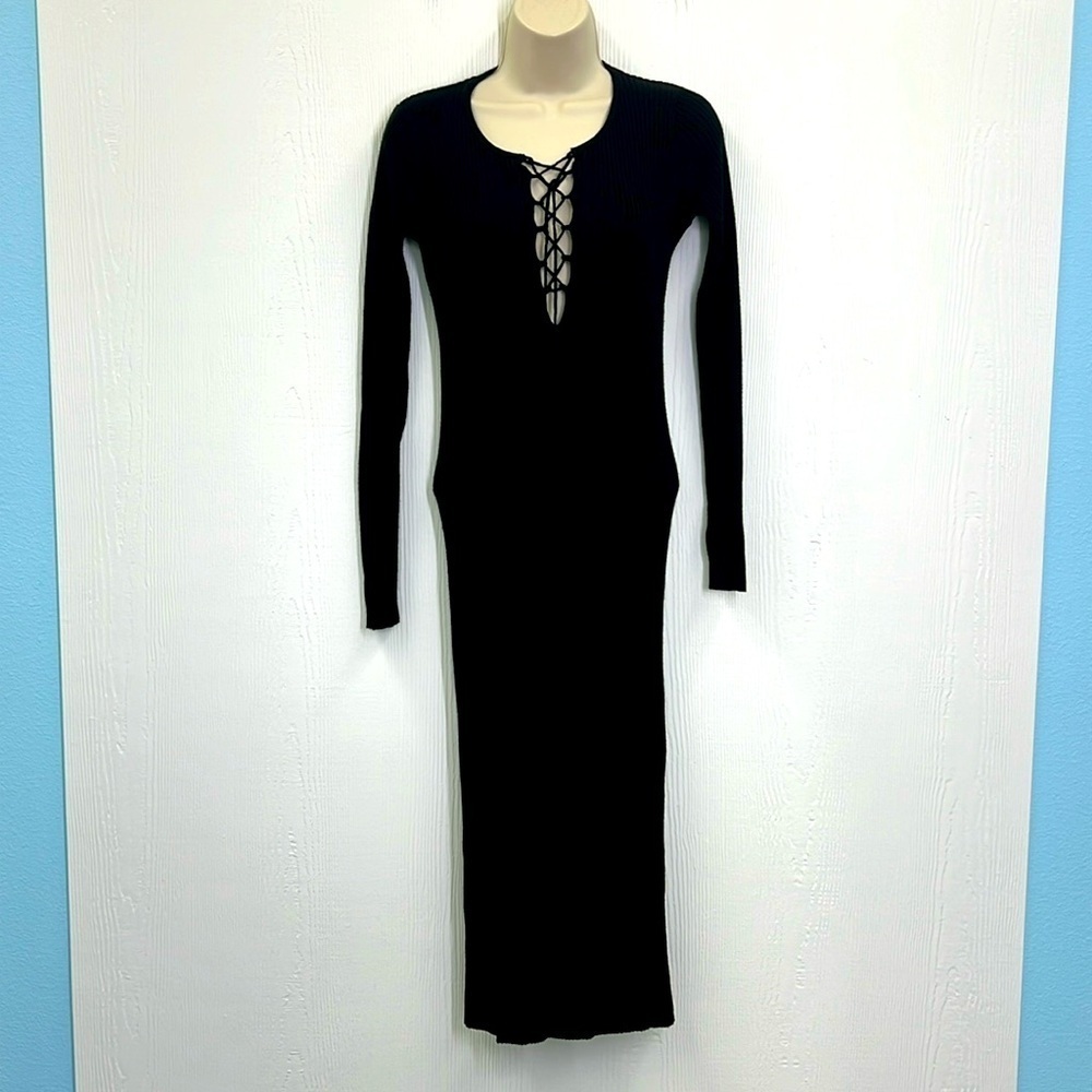 Zara - Black Ribbed Knit Lace Up Chest Long Sleeve Midi Dress Size Medium
